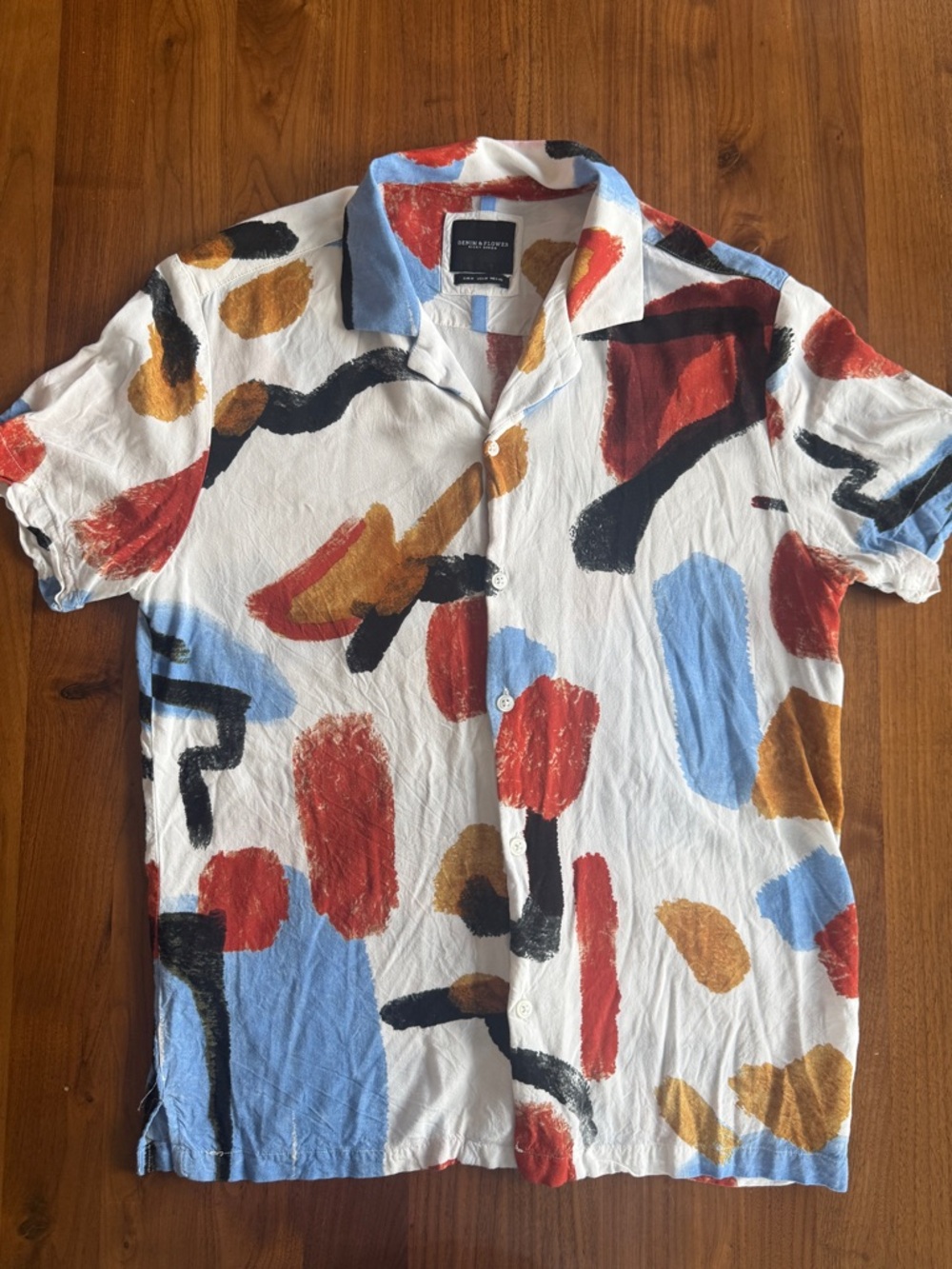 Denim & Flower Ricky Singh Abstract Print Shirt Mens M Camp Collar Statement